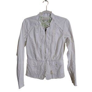 Burning Torch Recycled Cotton White Long Sleeve Raw Hem Full Zip Jacket Size S